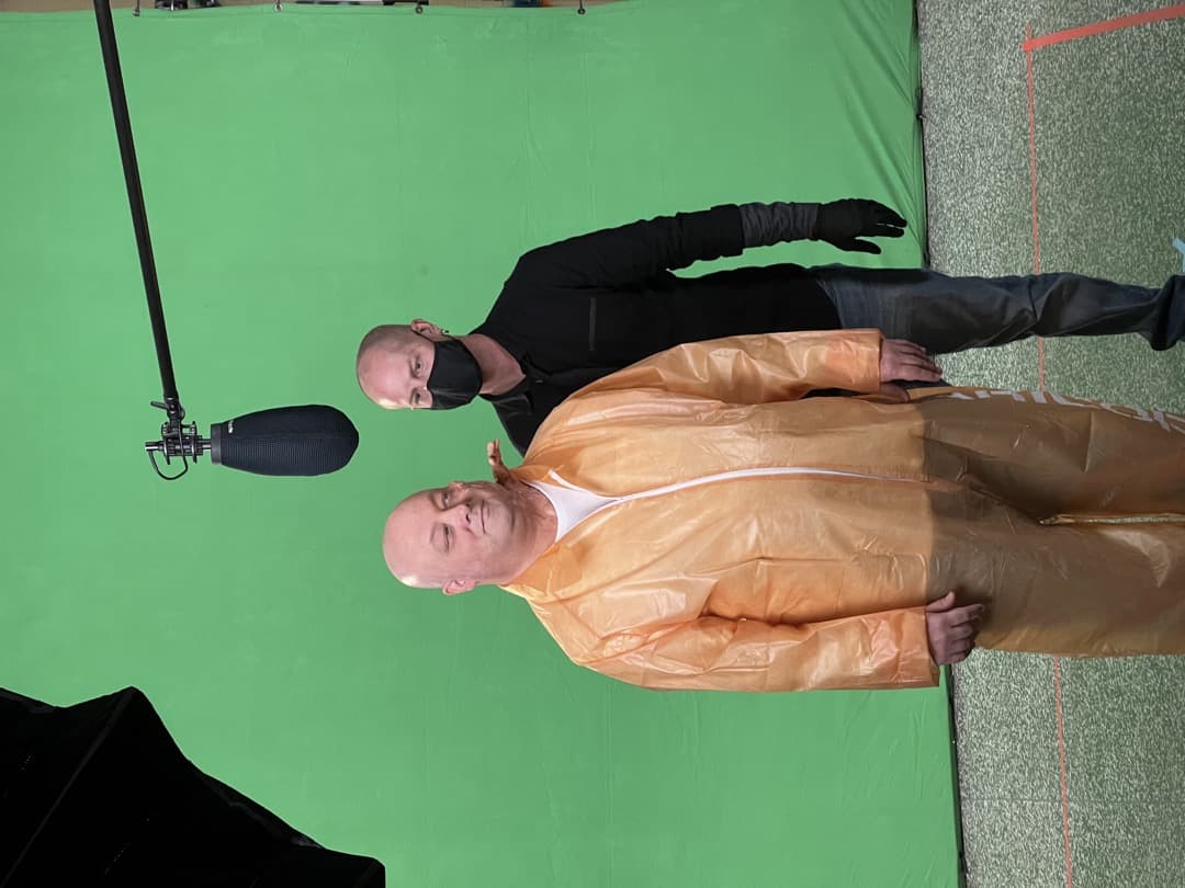 Behind the scenes photo 3 from Clone Cops production showing david ditmore and sfx artist rick prince preparing for a scene